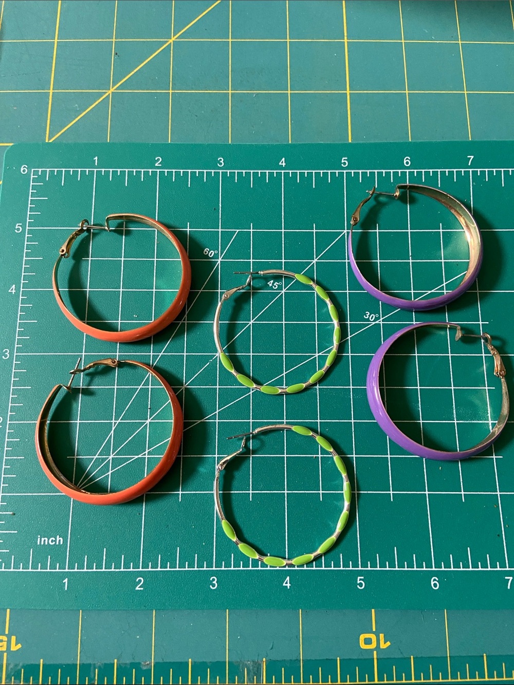 Set of Colorful Hoop Earrings - Orange, Green, Purple- e pairs